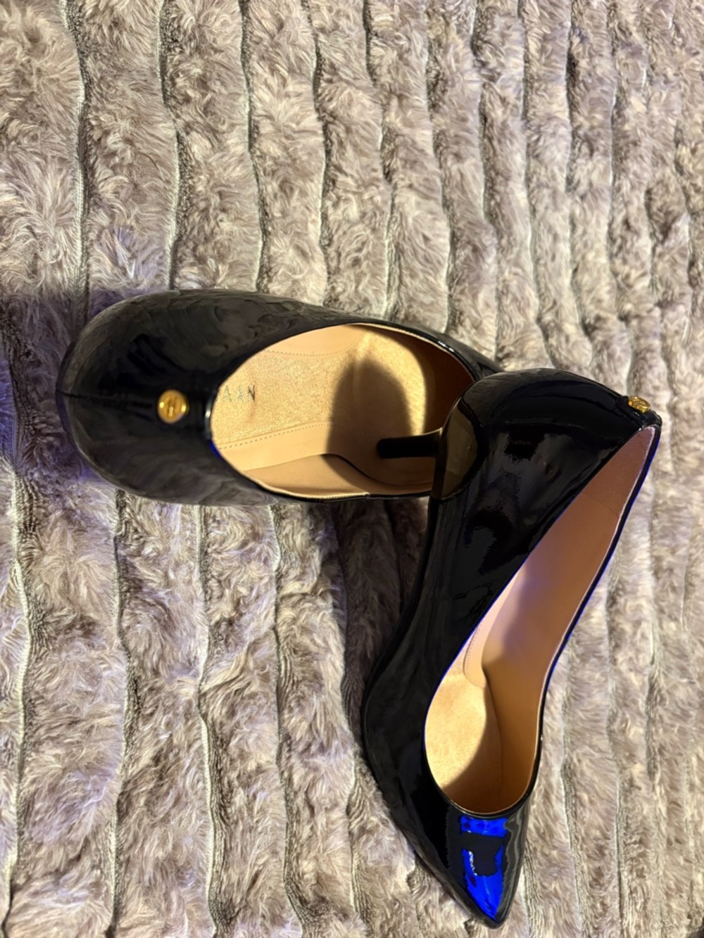 Cole Haan Black Patent Pointed-Toe Pumps with Gold Stud
